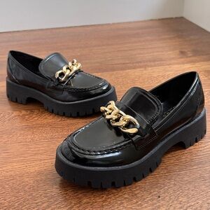 GUESS Hillford Black Lug Sole Chunky Platform Loafers Preppy Patent Chain Y2K 7